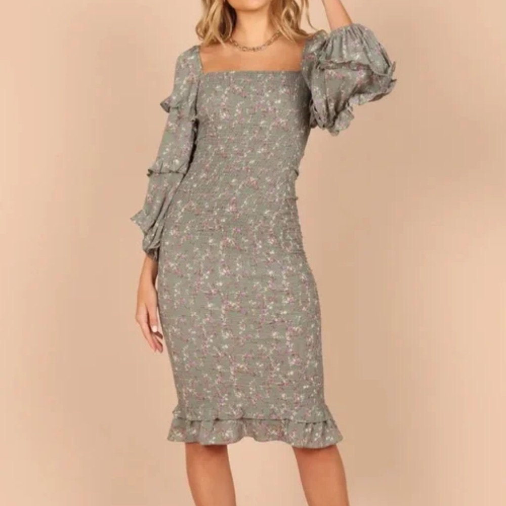 Petal&Pup Bonita Shirred Frill Long Sleeve Bodycon Midi Dress Sage Floral